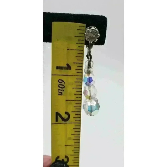 Vintage Earrings Clip Long Dangle Glass Bead Faceted Aurora Borealis AB Prism - Picture 5 of 5